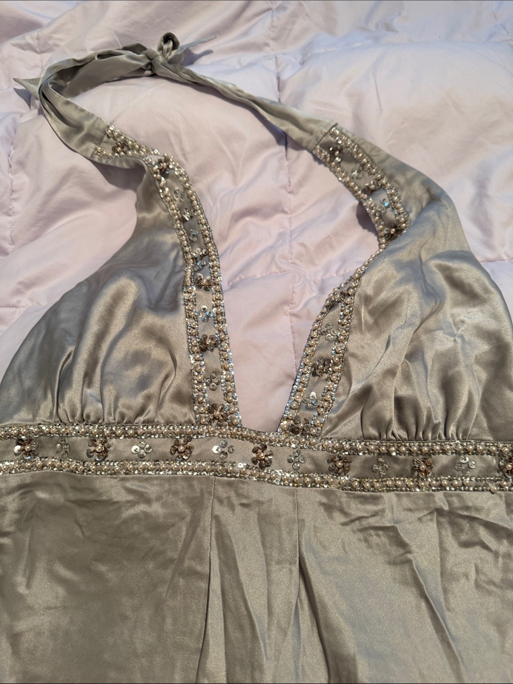 Vintage Victoria's Secret Silver Silk Beaded Halter Top - Picture 3 of 5